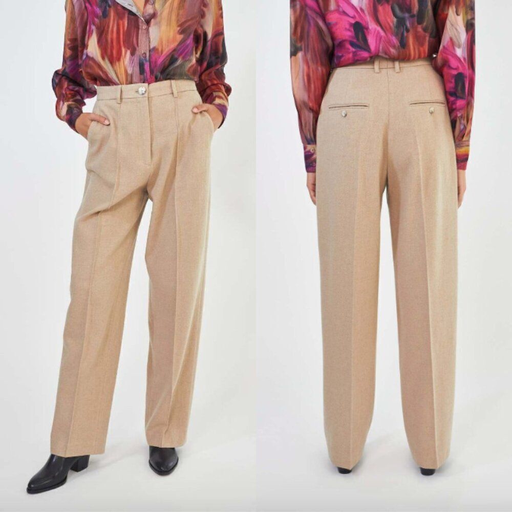 House of Dagmar tan beige Josefa cotton recycled wool wide leg trousers pants 42